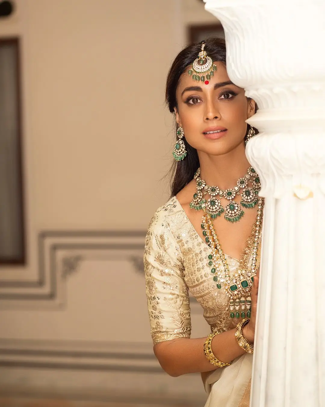 Shriya Saran Wearing Beautiful Earrings Jewellery White Saree